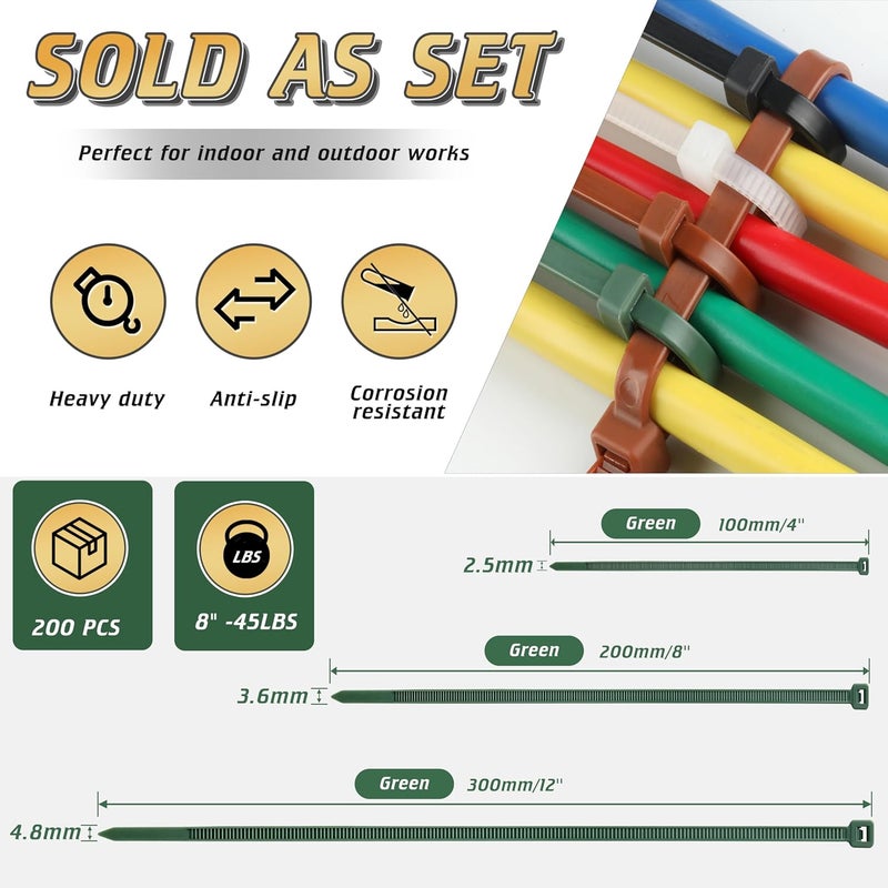 Idemeet 8 Inch PA66 Green Zip Ties 200 Pcs, 45 Lbs Tensile Strength Plastic Wire Ties with 3.6mm Wide, Premium Self-locking Nylon Cable Ties Decoration Tie Wraps for Outdoor Indoor Gardening Grid Wall - Image 4